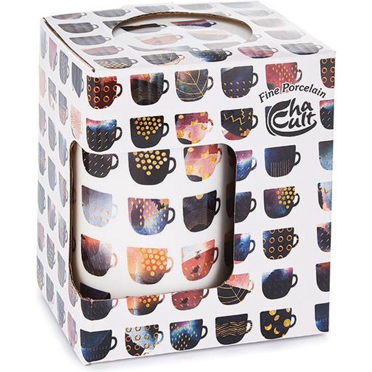 Verschillende varianten theekop-sets bestaande uit mok, stalen filter en deksel - diverse dessins